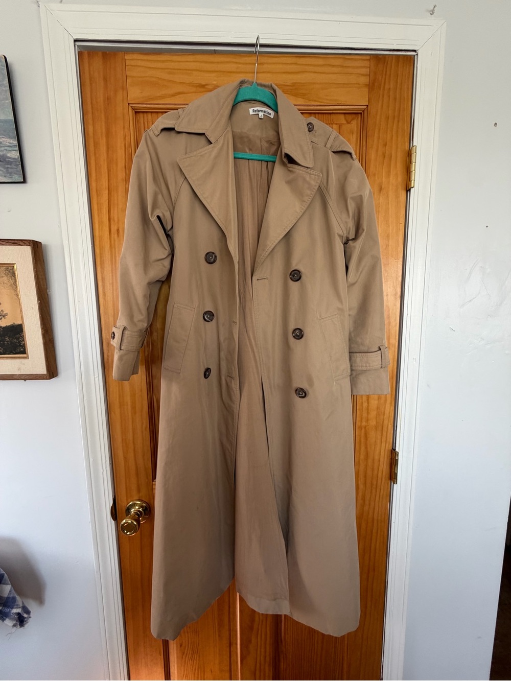Reformation Tan Double-Breasted Trench Coat with Belt - Picture 3 of 6